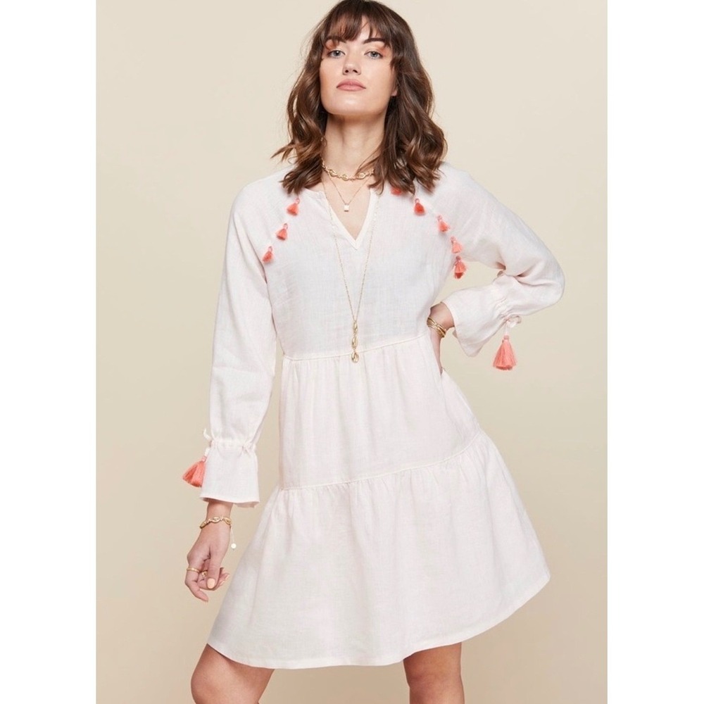 Spartina 449 Ellis Pink Linen Tassel Tiered Dress Long Sleeve Boho Mini M